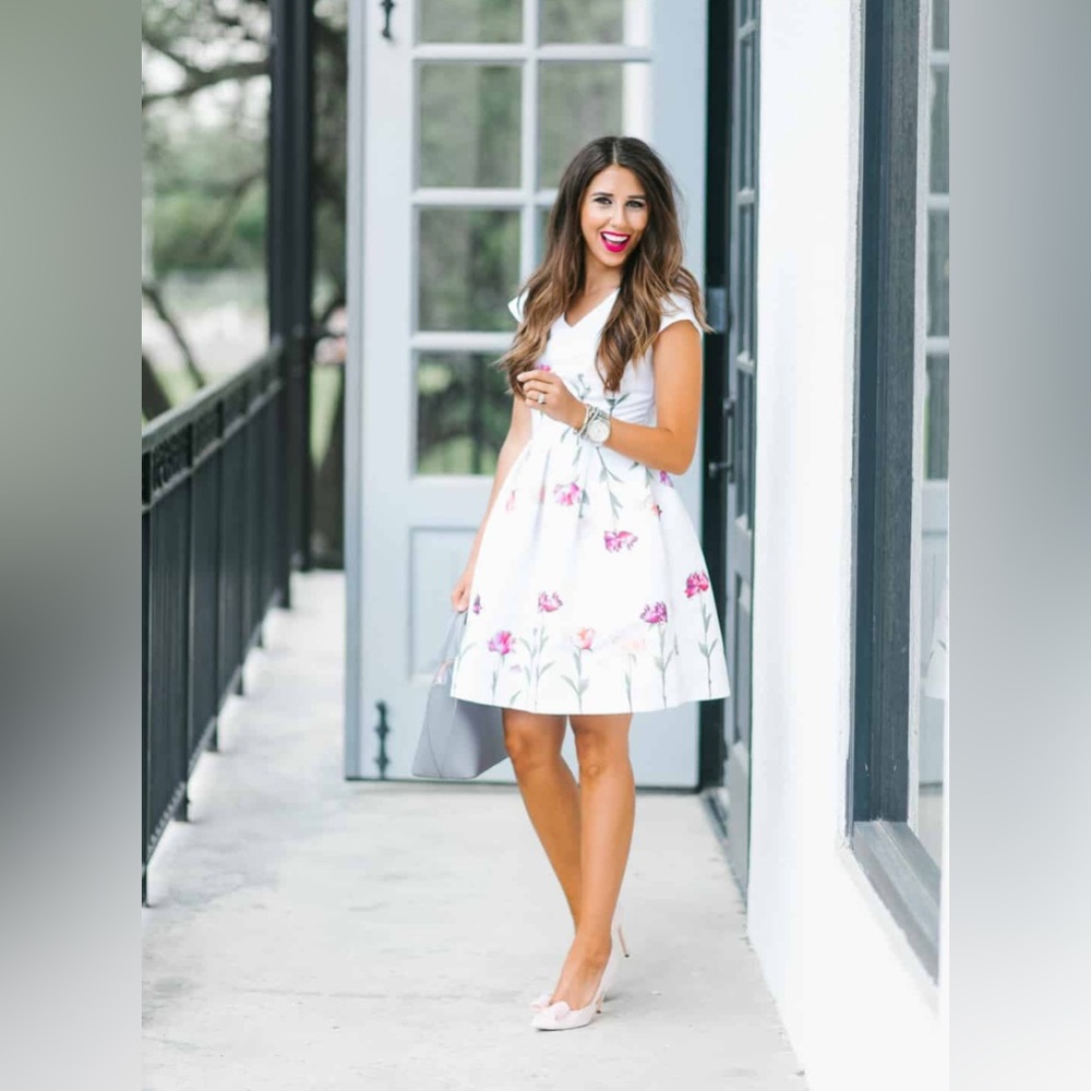 NWOT Ted Baker London Callila Fit&Fare Sketchbook White Floral Dress Sz3 Pockets